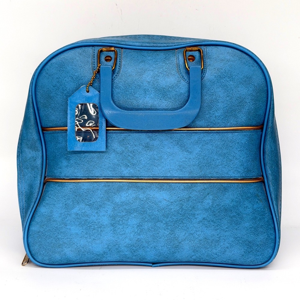 Vintage KR Blue Faux Leather Carry On Suitcase Retro Travel Bag Bowling Bag